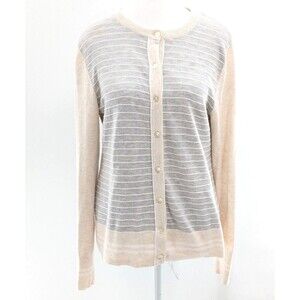 Eddie Bauer Cream Gray Striped Button Up Cardigan Sweater Cotton Size Medium